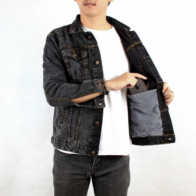 jaket jeans denim pria greyblack jaket denim sandwash distro ripped sobek2 big size M-XXL