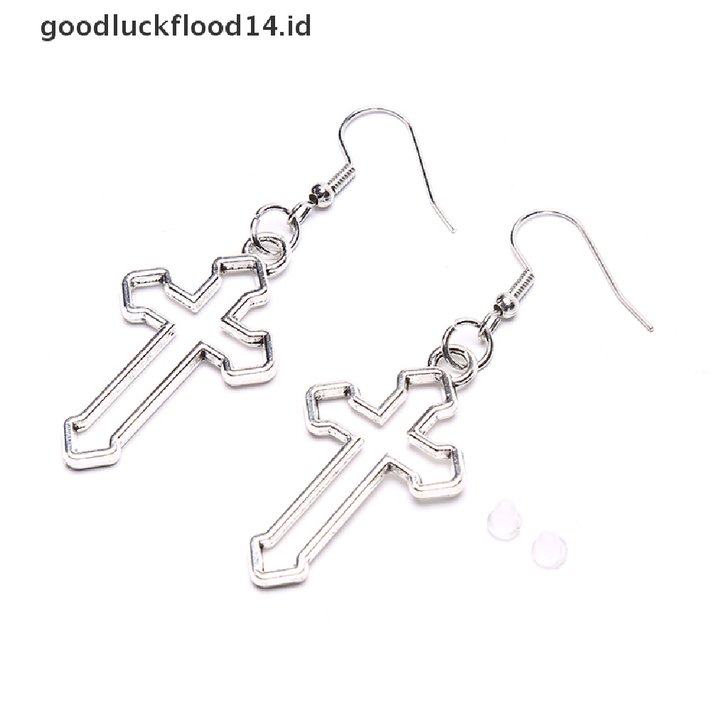 [OOID] Handmade Simple Cool Punk Vintage Silver Color Cross Charms Drop Earrings ID