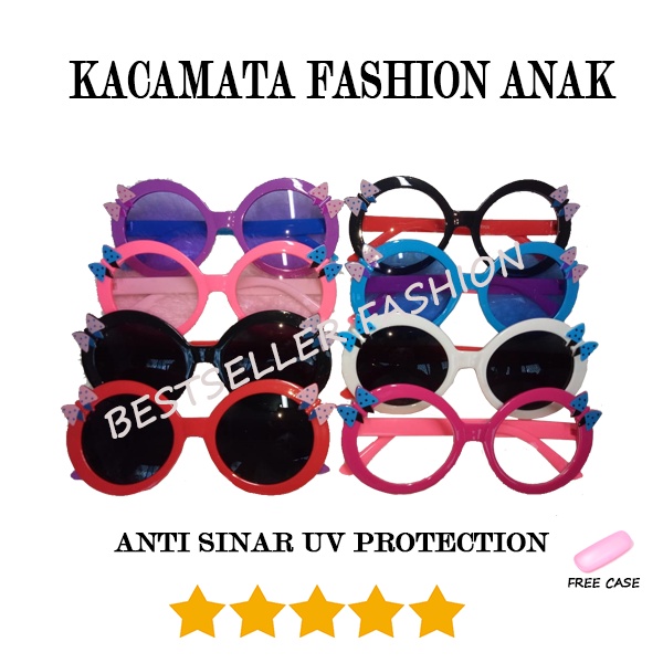 Kacamata Anak ANTI UV Sunglasses Frame Bulat Lensa Hitam Kids Laki-Laki dan Perempuan Kupu-kupu FREECASE