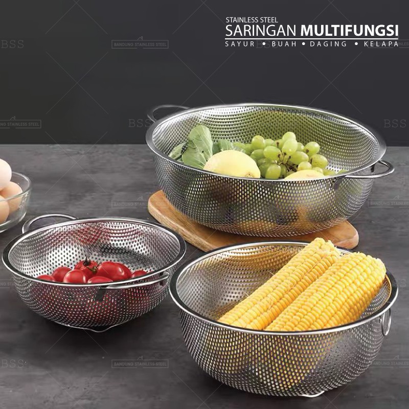 Saringan Multifungsi 28.5cm 31.5cm Cuci Sayur Daging Buah Kelapa Stainless Tebal Murah