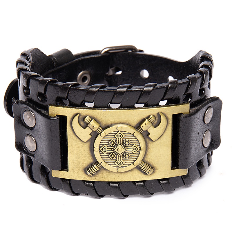 [Z H Perhiasan] Hip Hop Rock Retro Pria Fashion Stainless Steel Viking Perisai Rune Gelang Kulit Pesta Perhiasan Aksesoris