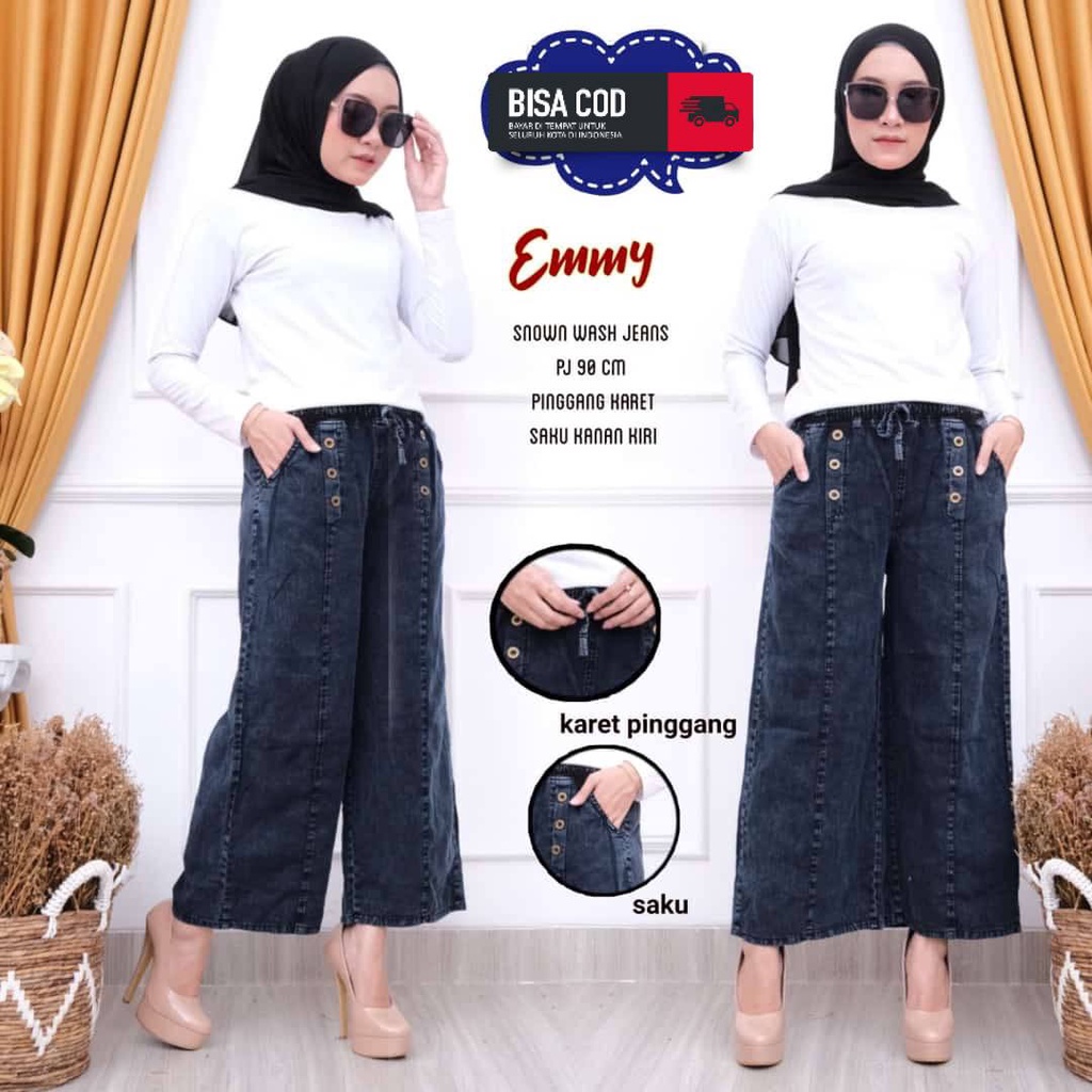 Celana Kulot Jeans Kancing Ghanke Kulot Palazzo Wanita Kulot Lepis Kekinian