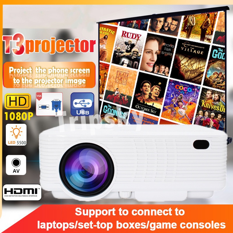 New Proyektor T3-Airplay 5500 Lumens Projector, 1080P HD Dukungan USB/HDMI/TF/AV (COD)