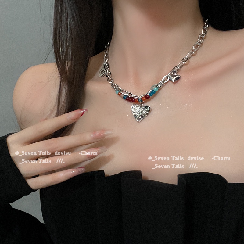 AY(CN) Y2k Kalung Choker Rantai Silver Dengan Liontin Hati Hias Manikmanik Warnawarni Untuk Wanita