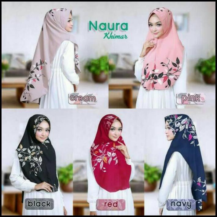 Anisacollectionshop Hijab Ori Khimar Oval Printing Motif Daun Naura Syari - Black
