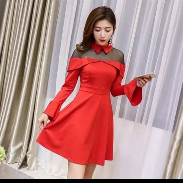 Dress Brukat Terusan Modis Pesta Natal Gaun Imlek Wanita Cantik KoreaTerbaru Kekinian 2023