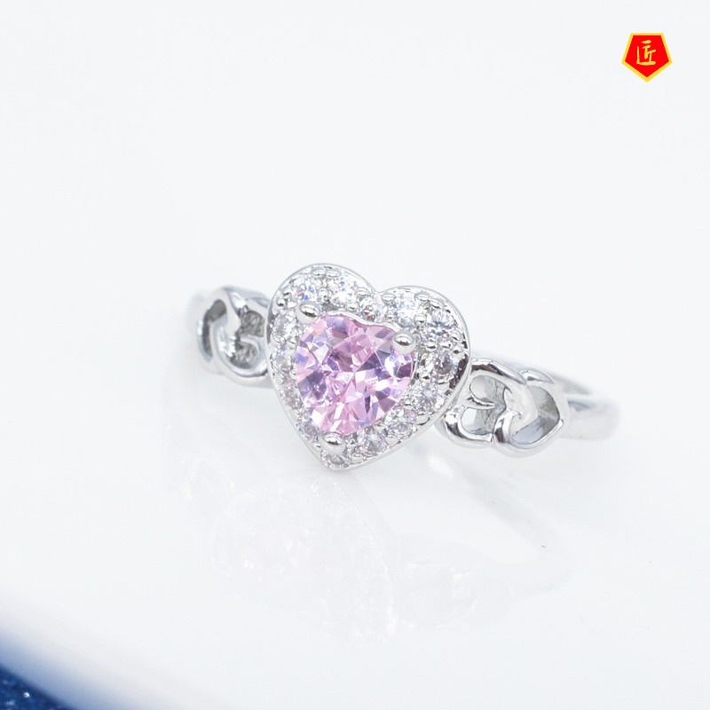 [Ready Stock]Korean Style Fashion Popular Heart-Shaped Pink Crystal Ring