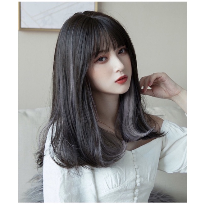 Wig korean blow black highlight pink 48 cm Hairclip Pendek Poni wig human Hair rambut Palsu Wanita