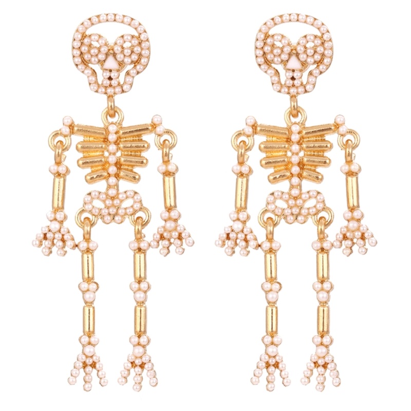 Anting Desain Kerangka Tulang Tengkorak Aksen Mutiara Gaya Gothic Untuk Hadiah Halloween