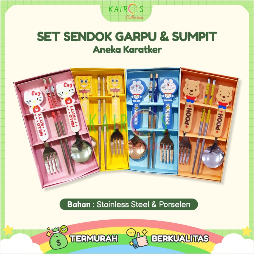 Sendok Set Makan Anak Karakter Lucu - Set Sendok Garpu &amp; Sumpit Karakter