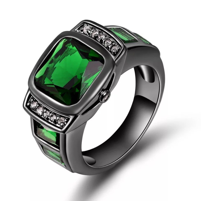 Cincin Emerald Zamrud Stone Elegan Mewah Minimalis Modern Black Platted Hijau Jamrud