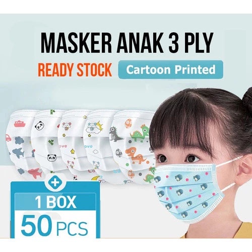 Masker Anak 3ply isi 50 Pcs Earloop 3-14 Tahun Premium Murah Corak