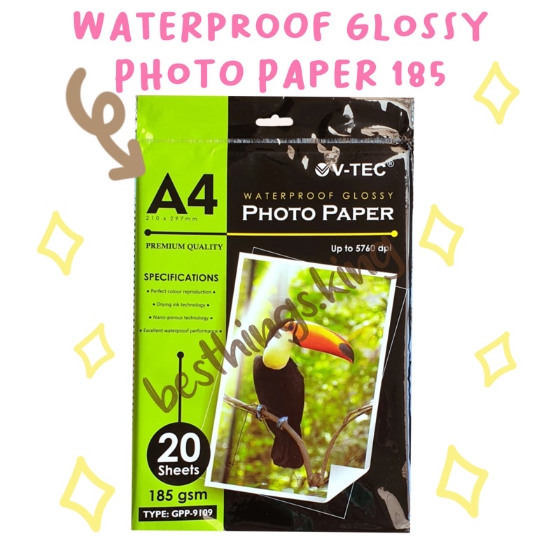 

Kertas Foto A4 Glossy V-Tec Waterproof Photo Paper VTec 185 gsm tahan air