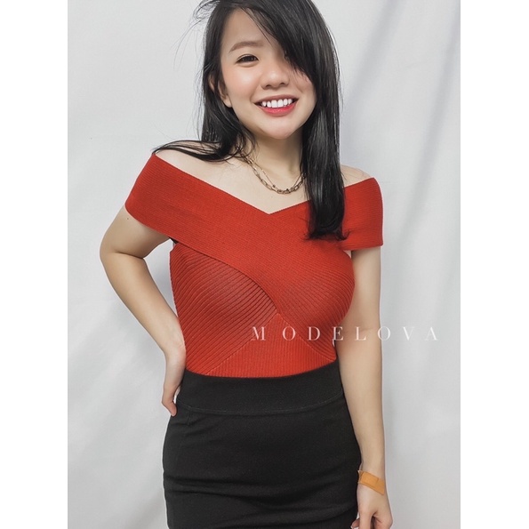 MDLV ~ Top Lindy Rajut Sabrina Rajut Atasan Rajut Fashion Wanita