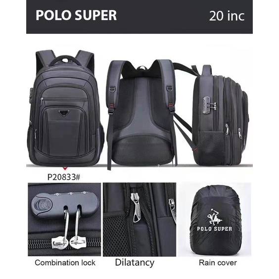 Polo Super Tas Kerja Pria Ransel Laptop 20 inc + Kunci Tas Polo Original Backpack Import Waterproof