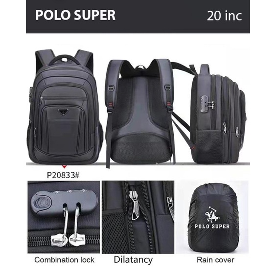 POLO SUPER - Tas Pria Ransel Laptop 20 inc Backpack Expanding Jumbo Import USB Portable Original