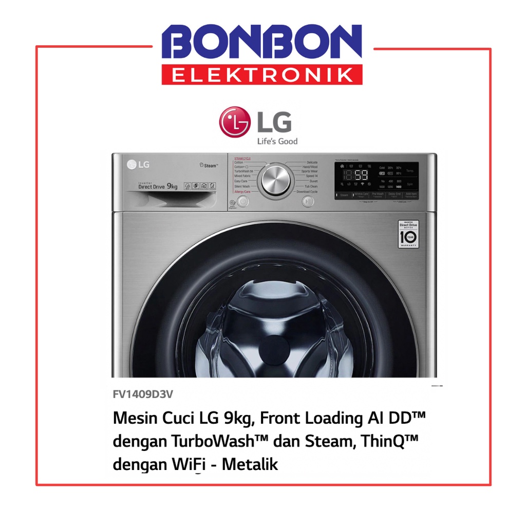 LG Mesin Cuci Front Loading 9KG Wash 6KG Dry FV1409D3V ThinQ Wifi