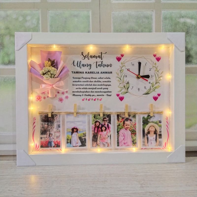 UKURAN BESAR 45x35cm jam dinding lampu hias buket bunga edelweis LED scrap box bingkai frame pigura 