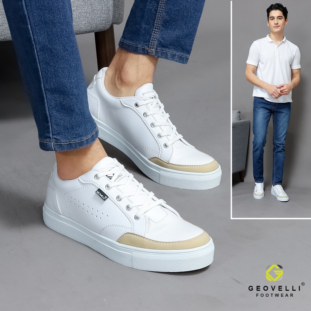 Sepatu Sneakers Pria Kasual Terbaru G-3105 Brand Geovelli FULL WHITE Bahan Kulit Synth 39 - 44