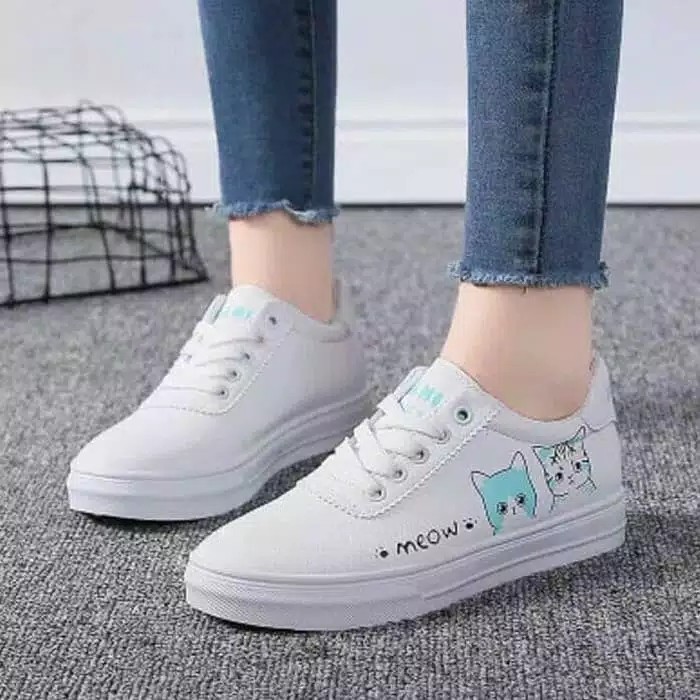 SEPATU SNEAKERS WANITA KASUAL MEOW LUCU / SEPATU WANITA FASHION SEKOLAH PUTIH KEKINIAN COD