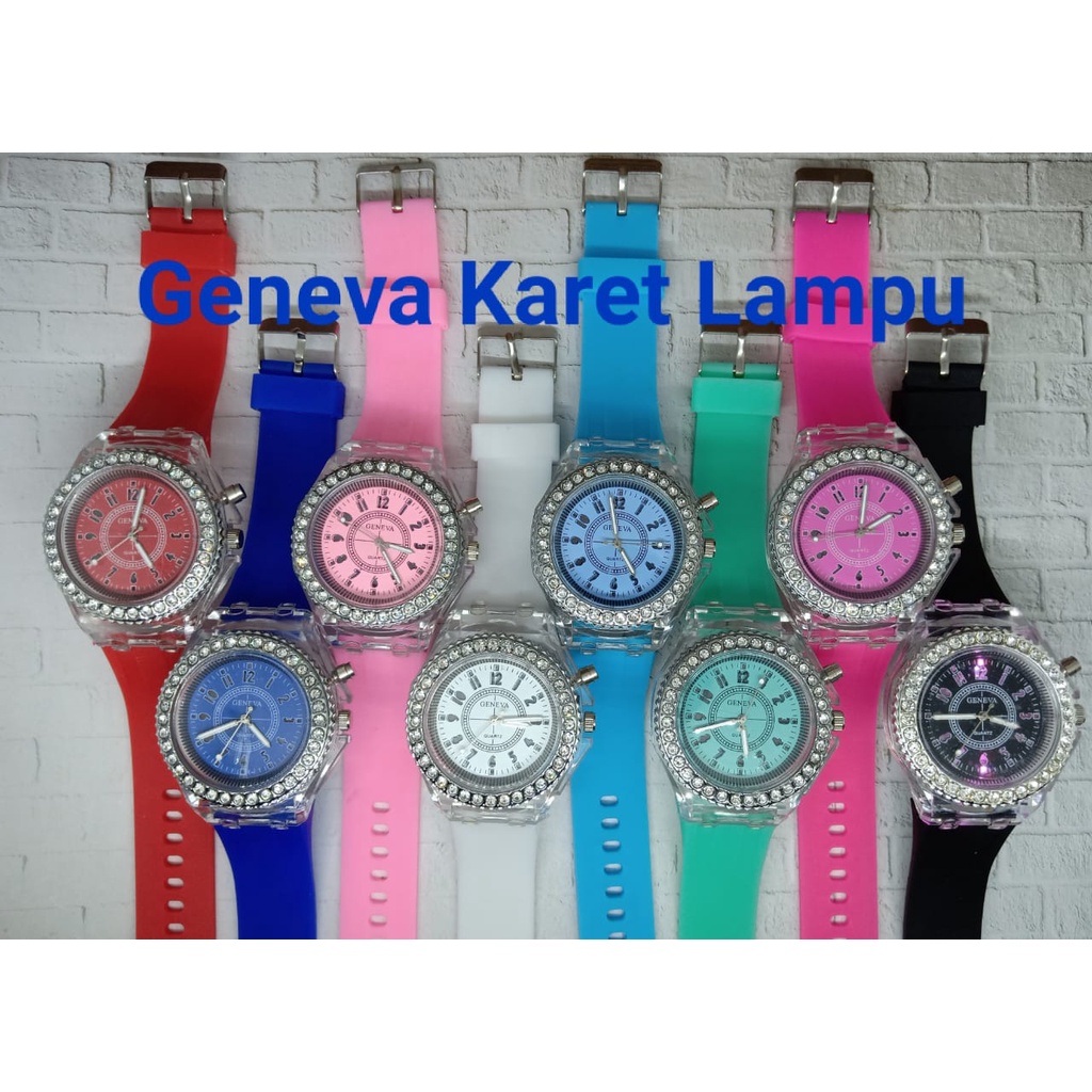 (SS) JAM TANGAN WANITA ANALAOG QUARTZ STRAP RUBBER LED LIGHT GENEVA LED LIGHT LAMPU