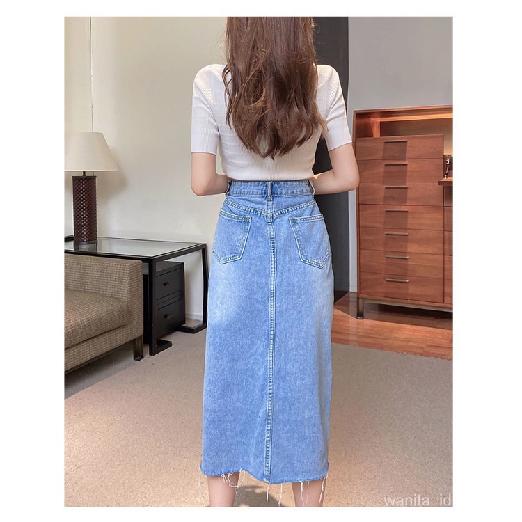 【wanita.id】rok jeans panjang korean style skirt midi rok denim panjang rok belah samping rok daily rok sepan sma rok model a jumbo