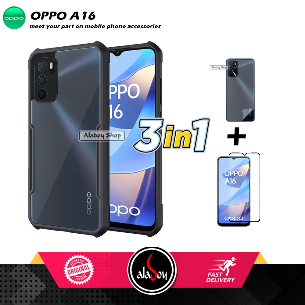 Case Oppo A16 Armor Fushion Transparent Casing + Tempered Glass Full Layar dan Skin Carbon