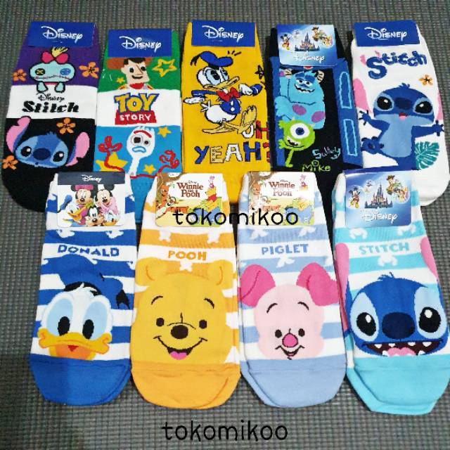 Kaos kaki Korea Donald Stich M⁷ickey Pluto Toy Story Monster Inc Chip Dale Snoopy Pooh