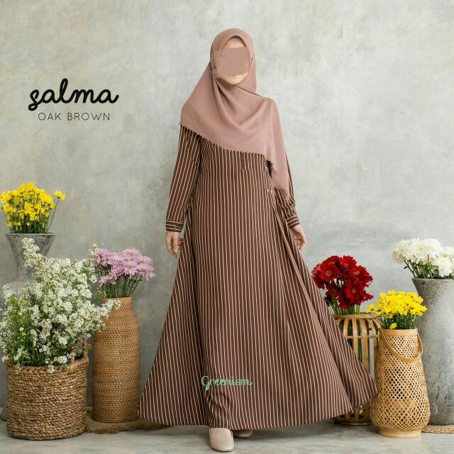 Salma dress / gamis motif salur / gamis busui / gamis woolpeach / gamis syari / greenism