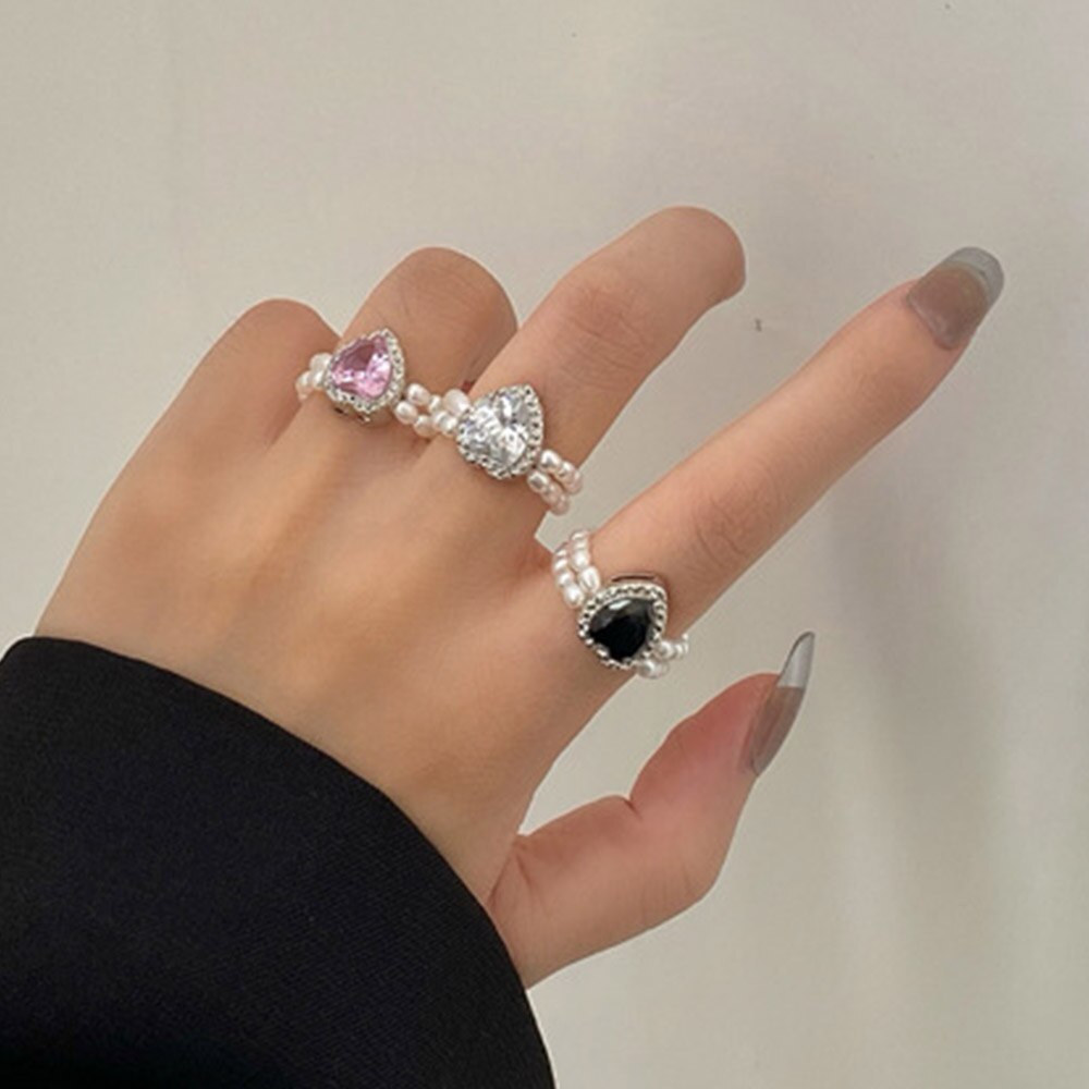 Cincin Elastis Hias Kristal Mutiara Warna Hitam Pink Putih Dapat Disesuaikan Untuk Wanita