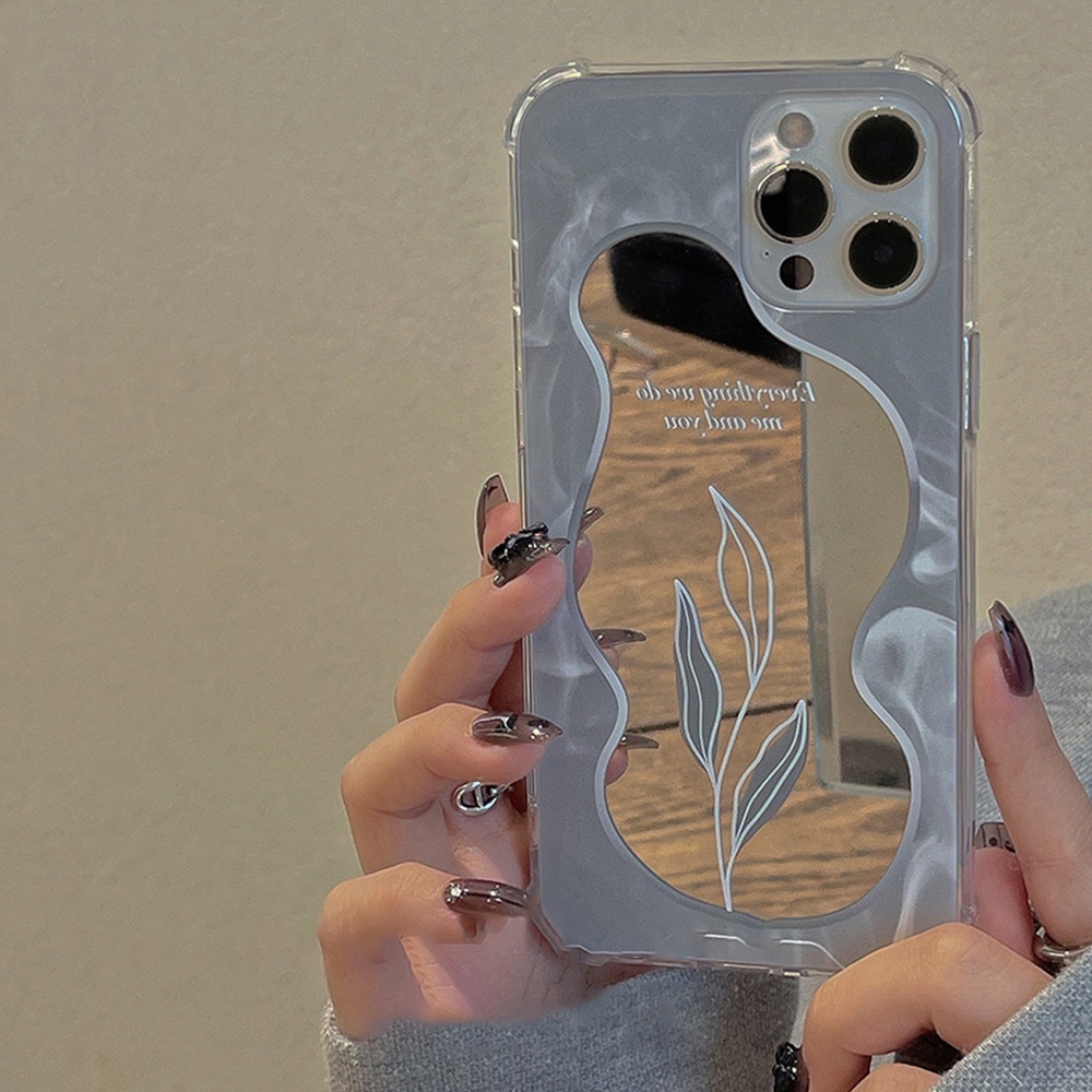 Casing tpu iPhone 13 12 11 Pro Max X XS Max XR 8 7 Plus Motif Daun Shockproof Aksen Cermin