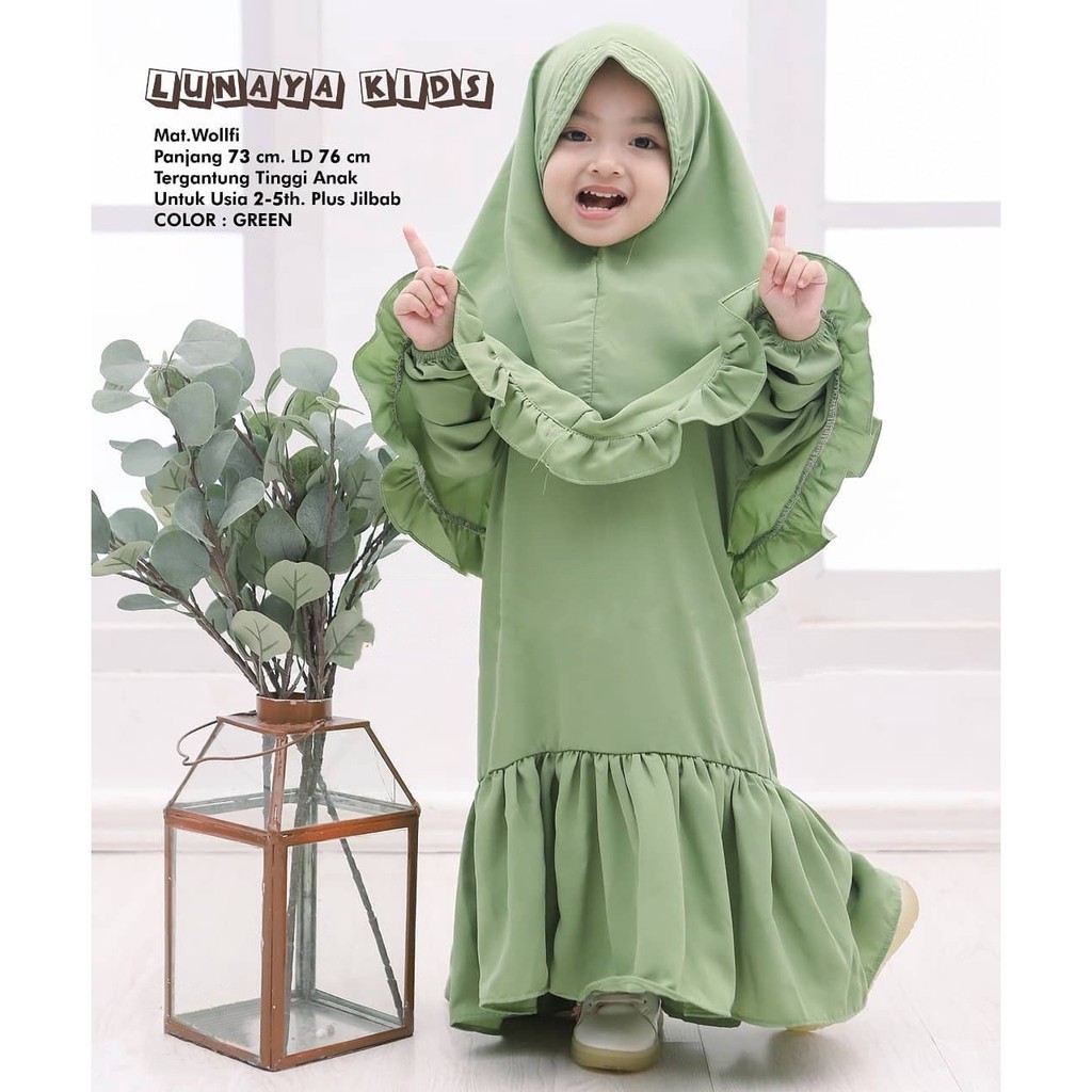 Lunaya Kids Syari l Dress Muslim Plus Khimar Fashion Anak Perempuan Terlaris