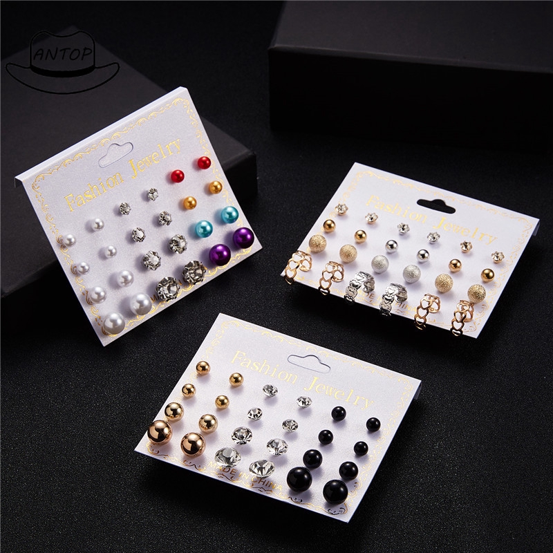 Antop!12pair / Set Anting Berlian Bulat Gaya Korea Dial Untuk Wanita