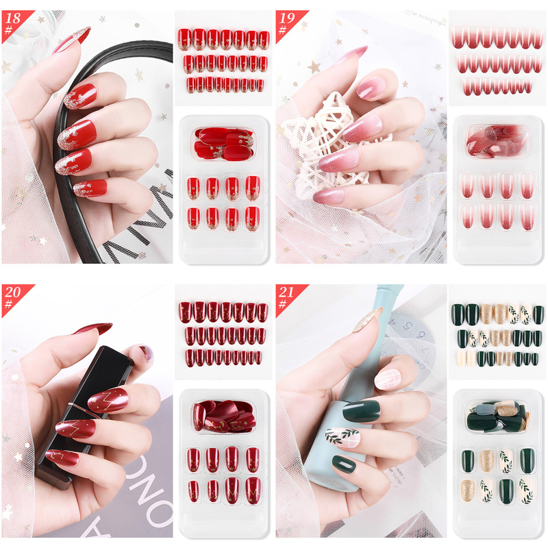 F018 ~ F032 24pcs / Kotak Kuku Palsu Full Cover Panjang Untuk Nail Art