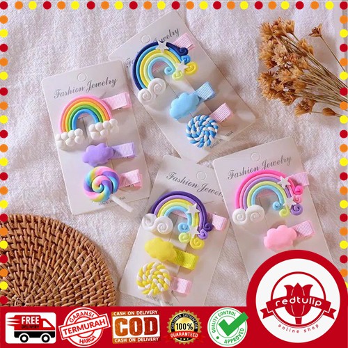 1 Set (3PCS) Jepitan Rambut Rainbow Clay / Aksesoris Rambut Pelangi Anak Lucu