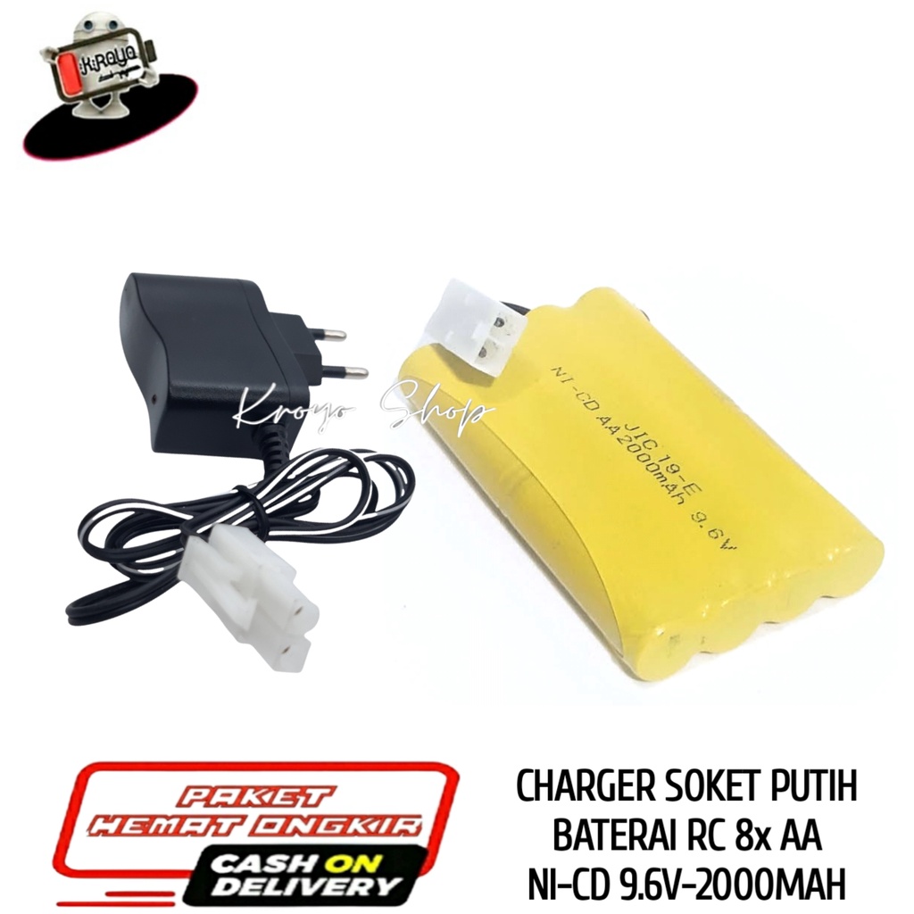 Charger + Baterai Mobil Remot Control/RC 8AA Ni-Cd 9.6v-2000mAh Socket Putih 2pin