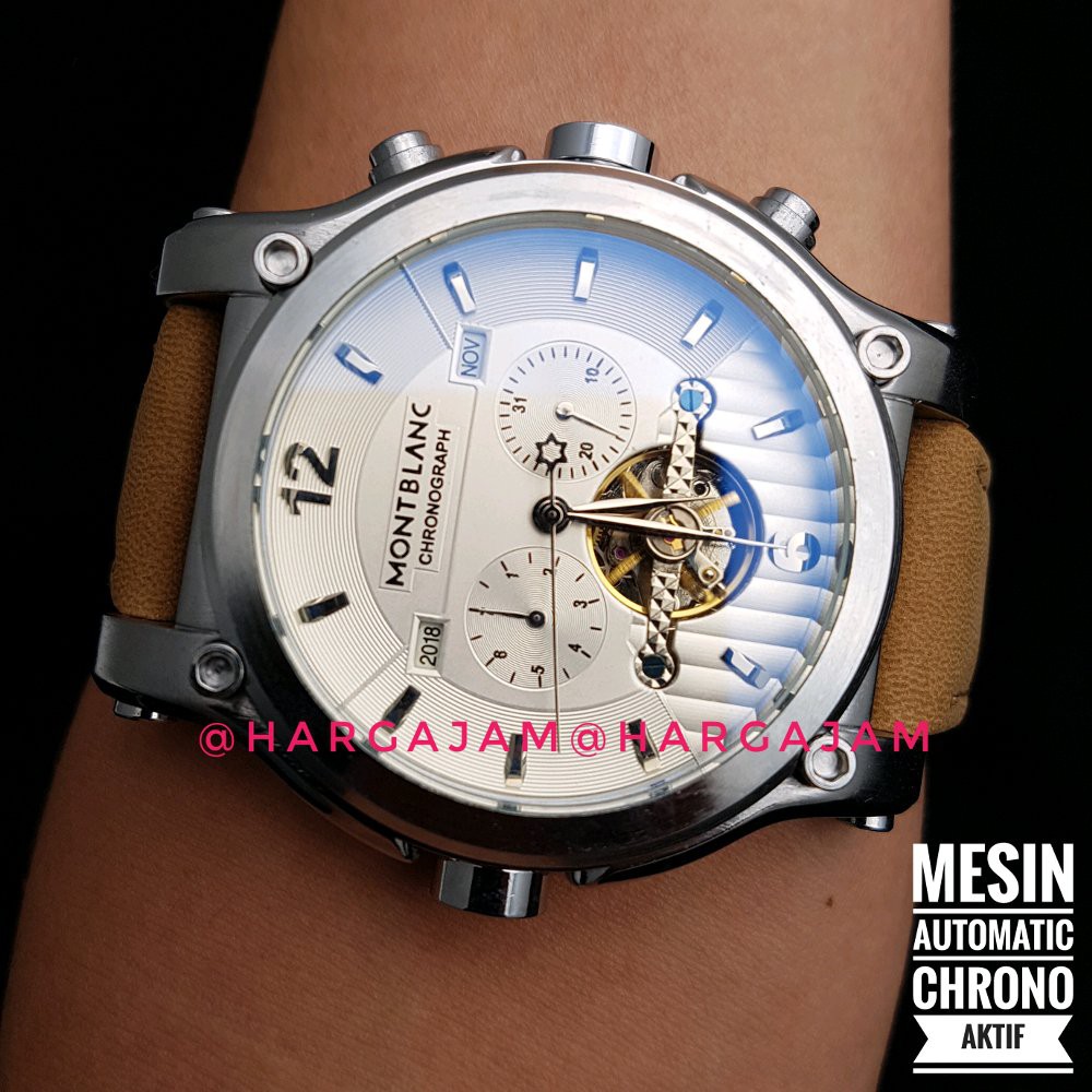 Jam Tangan Pria Automatic Montblanc Case silver M2232 Leather Soft Brown Kulit Coklat jam matic