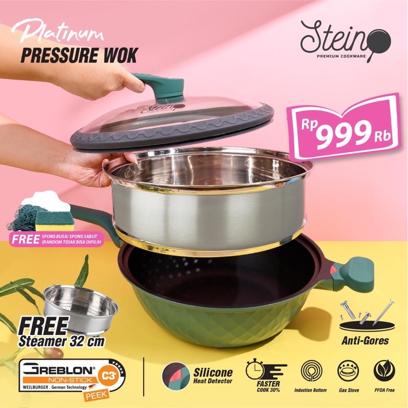 STEIN COOKWARE PLATINUM PRESSURE WOK PAN 32CM - FREE STEAMER