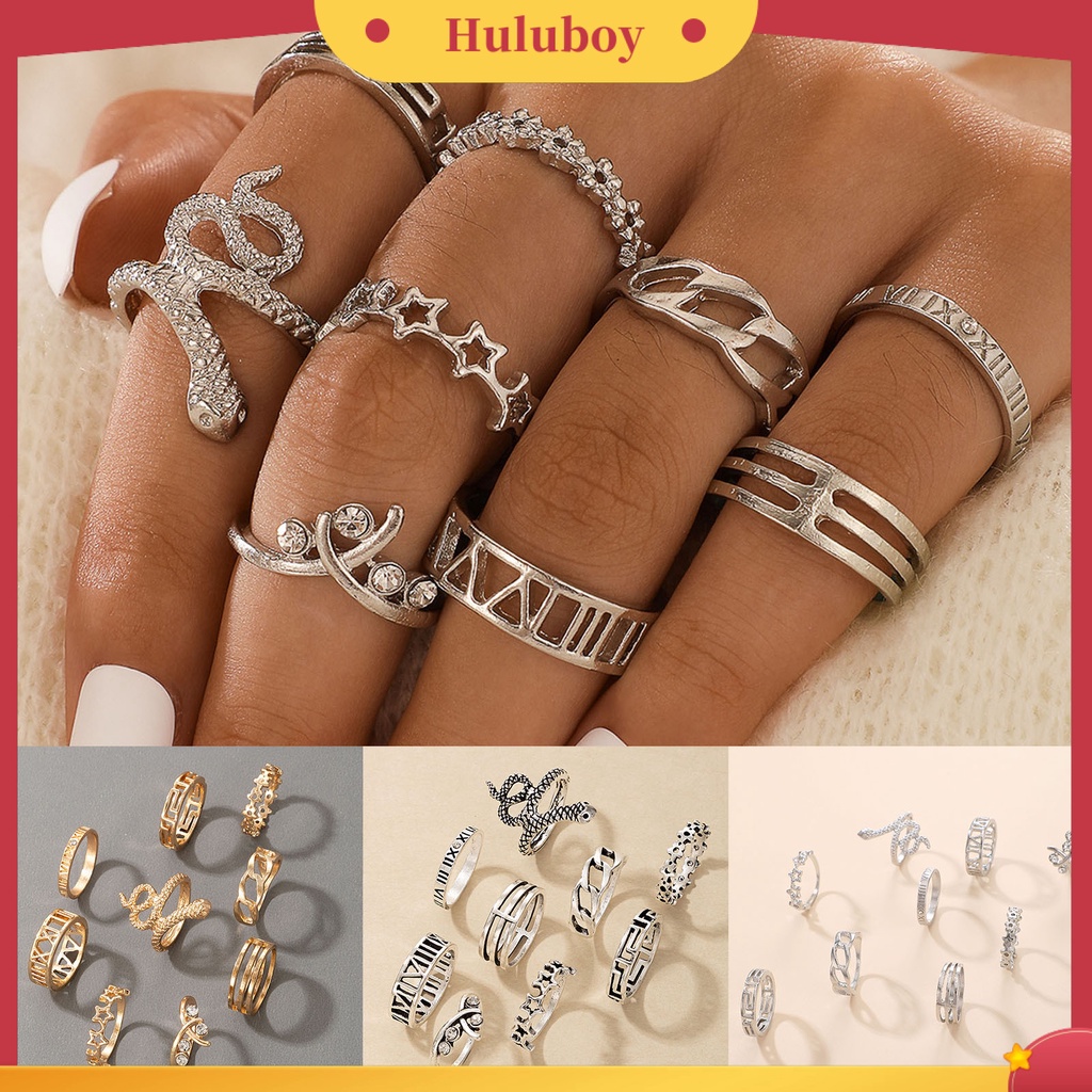 Hu Hu Hu Hu Hu Alat Bantu Pasang Kacamata♡ 9pcs / Set Cincin Wanita Desain Ular Hollow Gaya Gothic Tahan Lama Untuk Outdoor