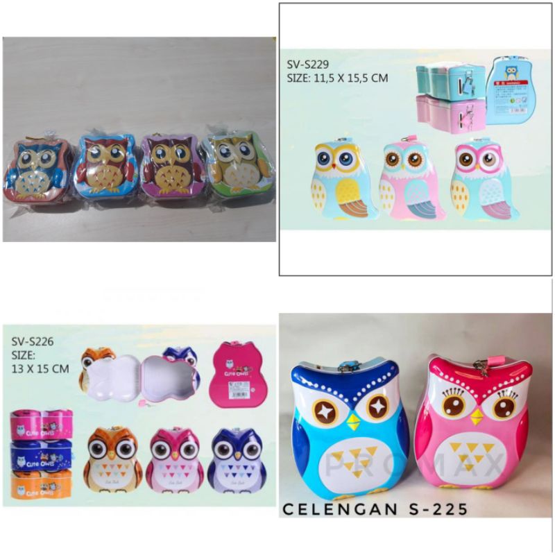 Coin Box Celengan Piggy Bank Kunci Gembok Burung Hantu Owl 225/ 226/ 229/ P22 Ukuran Kecil - Besar