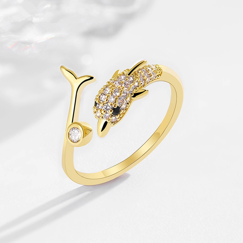 Fancyqube Cincin Model Terbuka Adjustable Desain Lumba-Lumba Warna Emas Putih Untuk Wanita