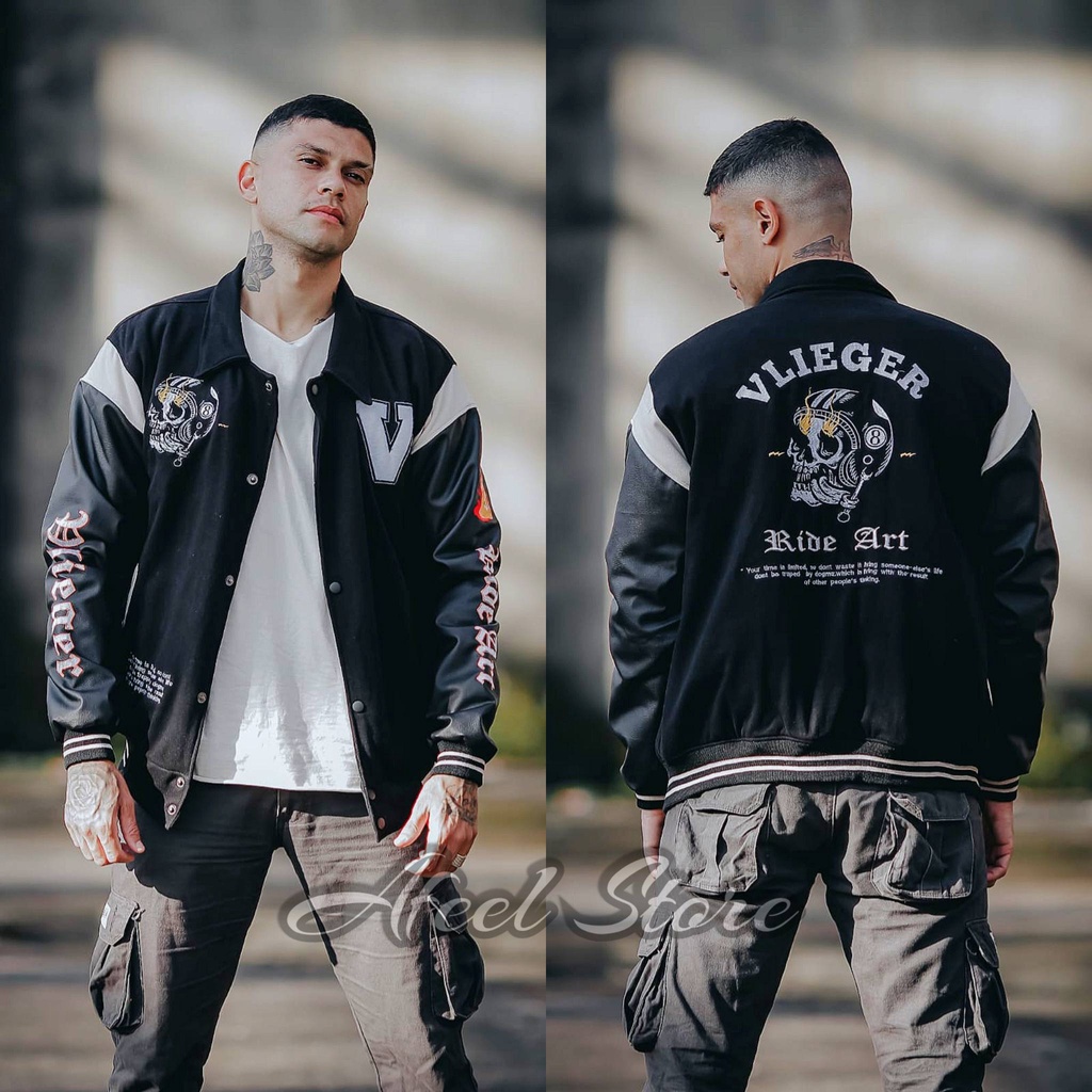 Varsity Jacket  SKULL Black Vlieger Original - Jaket Baseball Varsity  Vintage Premium