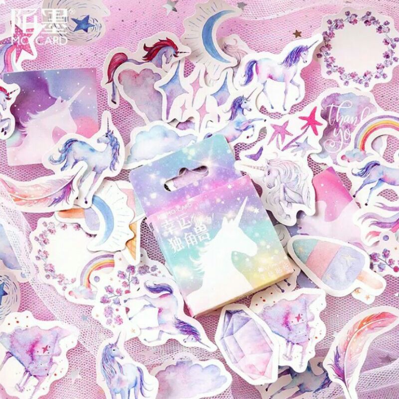 

46pcs aesthetic stiker box colorful unicorn lucu utk dekorasi scrapbook/album