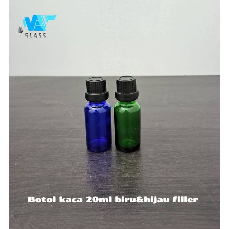 botol kaca 20ml hijau biru tutup filler hitam / botol essential oil 20ml