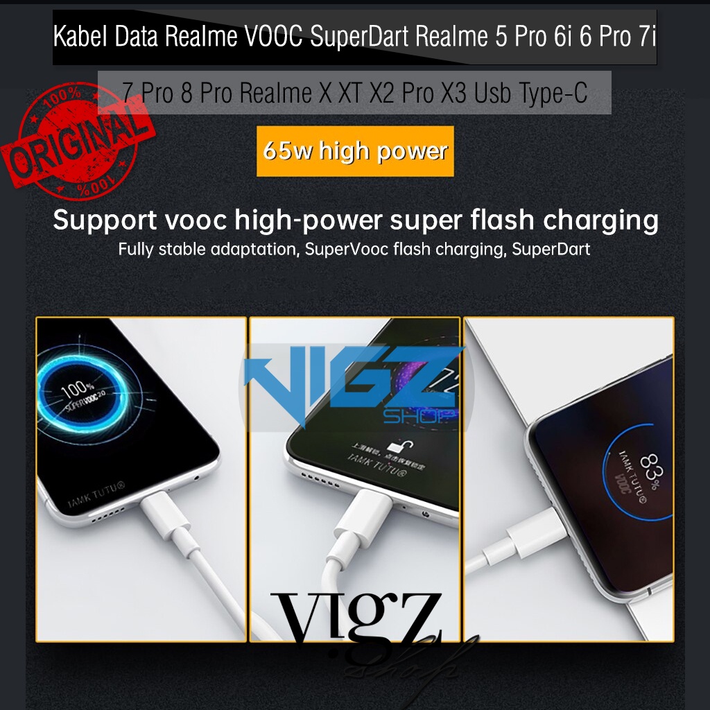 Kabel Data Realme SuperVOOC SuperDart Realme 6 6 Pro 7i 7 Pro 8 Pro 9 9 Pro 9 Pro+ 10 10 Pro C53 C55 X XT X2 Pro X3 Narzo 50 5G Usb Type-C Original