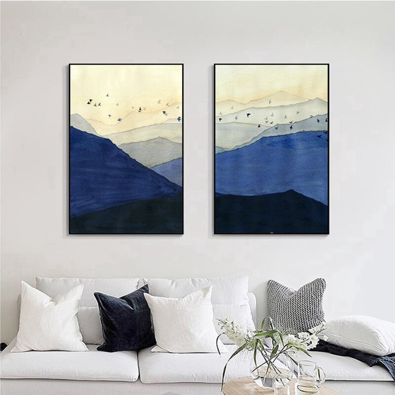 Abstract Blue Mountain Canvas Painting Chinese Watercolor Poster Print Classic Wall Art Picture Abstract Poster Shopee Indonesia