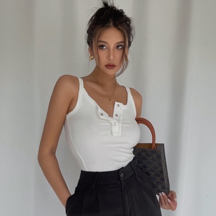 【LIVIAHOME】Korean Sexy Half Button Rib-knit Crop Top 7282