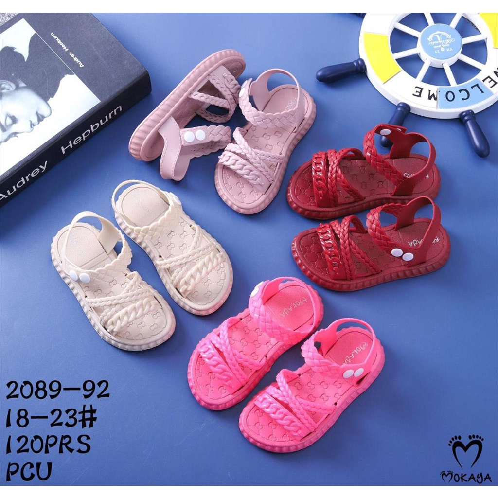 Sandal Sepatu Let Anak Cewek Tali Kepang Silang Kancing 2 Putih Best Seller Super Cute Simple Elegant Import Mokaya / Size 18-23 &amp; 30-35 (2089-92)