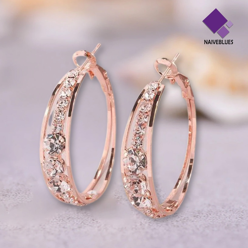 Naiveblue 1 Pasang Anting Bulat Rose Gold Hias Berlian Imitasi Untuk Wanita