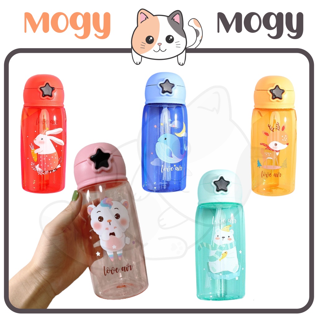 MOGYMOGY BTL004 Botol Minum Sedotan Flip Bening Transparan Berwarna Motif Kartun Water Bottle